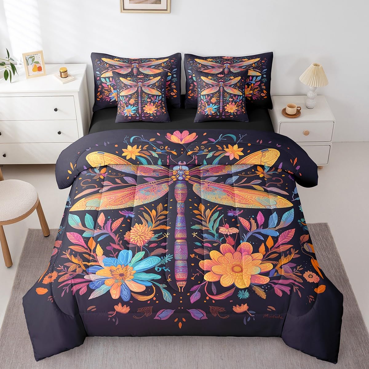 Erosebridal Boho Dragonfly Comforter Set Queen,Rainbow Lotus Flower Floral Bed in a Bag for Kids Teens Adults,Bohemian Woodland Leaves Bedding Set 7Pcs,Bohemian Wild Animal Quilt