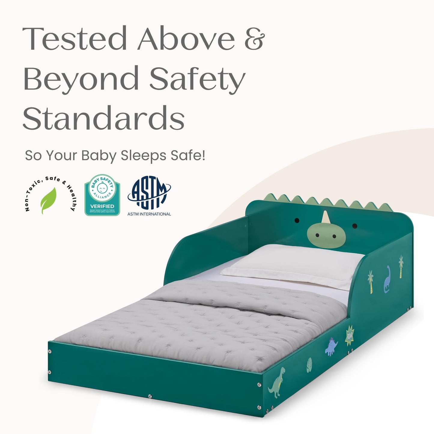 Delta Children Dino Wood Floor Toddler Bed with Reusable Stickers, Green