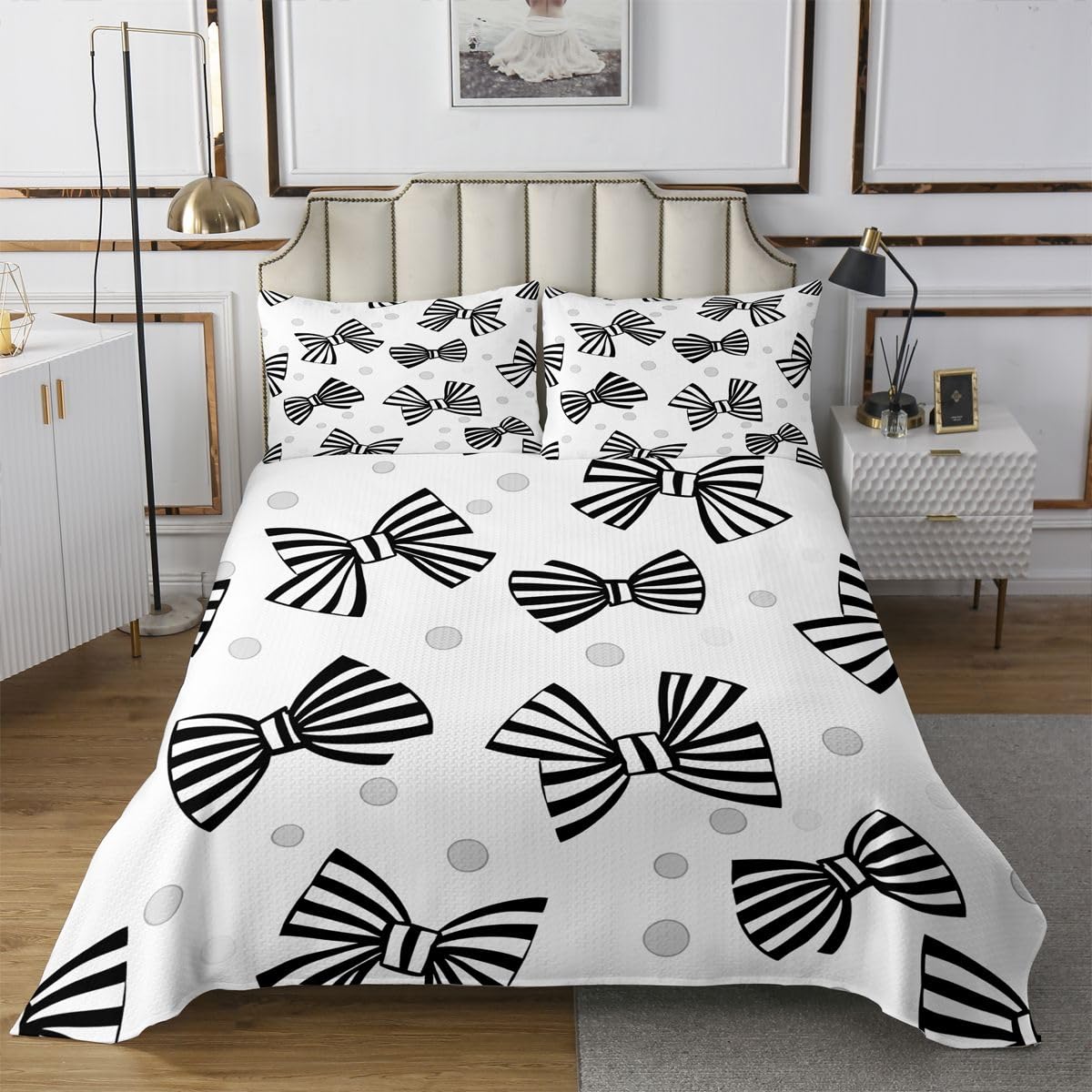 jejeloiu Black White Bow Bedspread Queen Size Stripes Wave Point Coverlet Set Dreamy Princess Quilted Coverlet for All Season with 2 Pillowcases Microfiber Lightweight