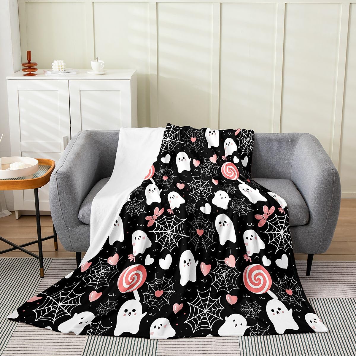 Feelyou Ghost Flannel Fleece Throw Blanket Misty Forest 40"x50" Trick or Treat Fleece Throw Blanket for Kids Women Men Candy for Bed Couch Chair Living Room Spider Web Bedroom Decor