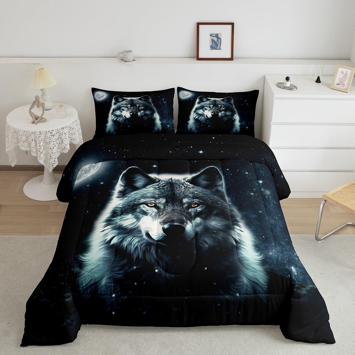 Manfei Galaxy Wolf Comforter Set Twin Size, Wild Animal Theme Quilt Set with 1 Pillowcase, Blue Starry Sky Moon Bedding Set 2pcs for Kids Boys Teens Room Decor Lightweight Duvet Insert