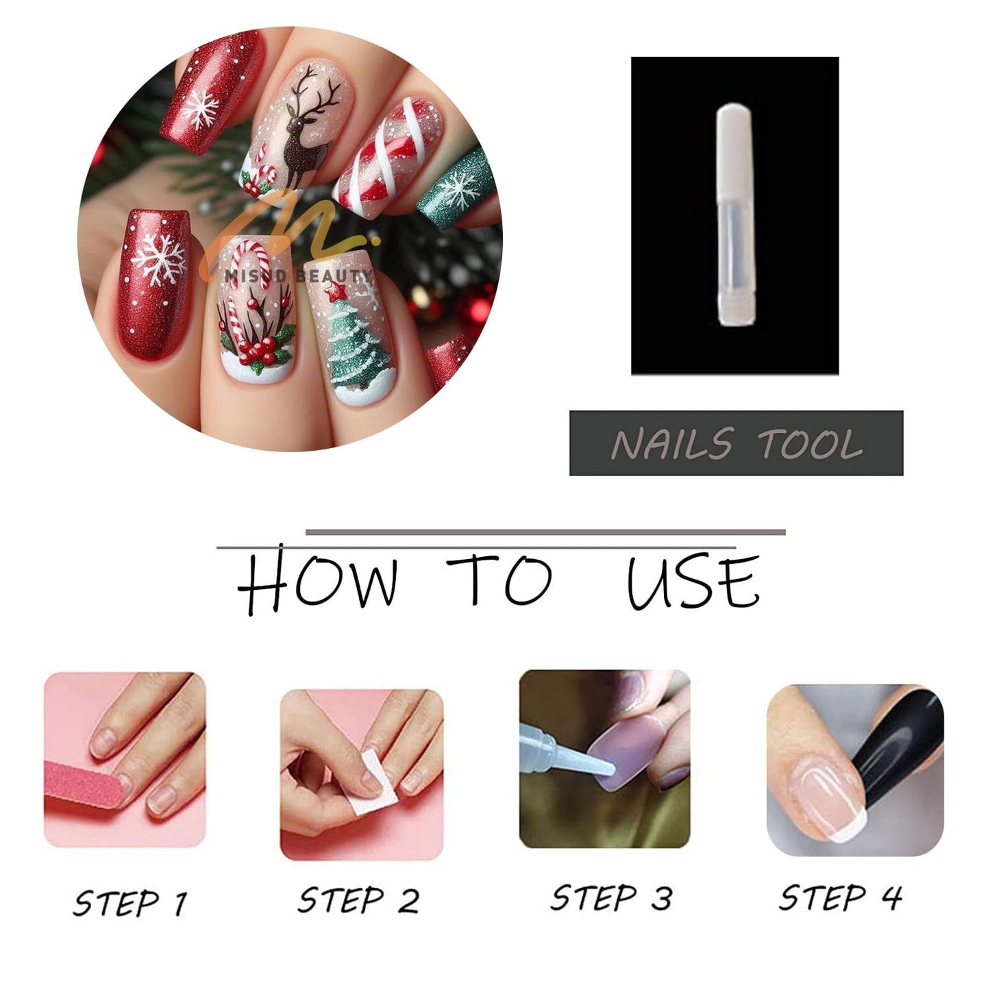 MISUD Press on Nails - Medium Square Fake Nails with Snowflake Elk, Acrylic Xmas Red Green Design 24 pcs
