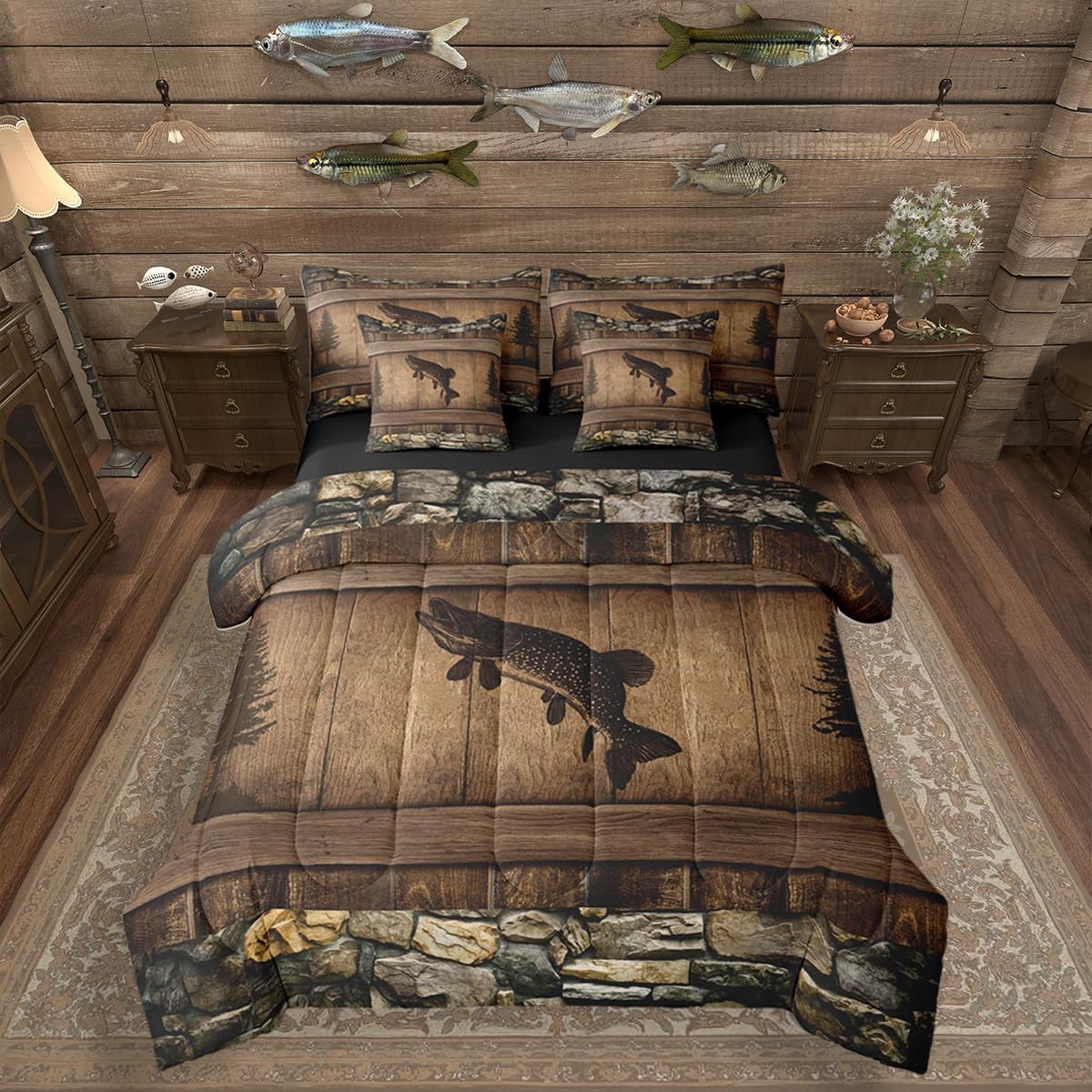 Erosebridal 7 Pieces Kids Camo Pike Fish Comforter Set for Teens Adults - Full Size Rustic Hunting and Fishing Bedding Set Country Farmhouse Cabin Bed in A Bag Rural Woodland Wild Animal Quilt Sets