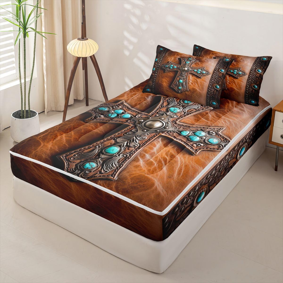 Erosebridal Ethnic Cross Zippered Bedding Set Twin Bohemian Comforter Set Rustic Western Bed in a Bag Southwestern Aztec Zipper Quilt Fitted Sheet,2 Pillowcases