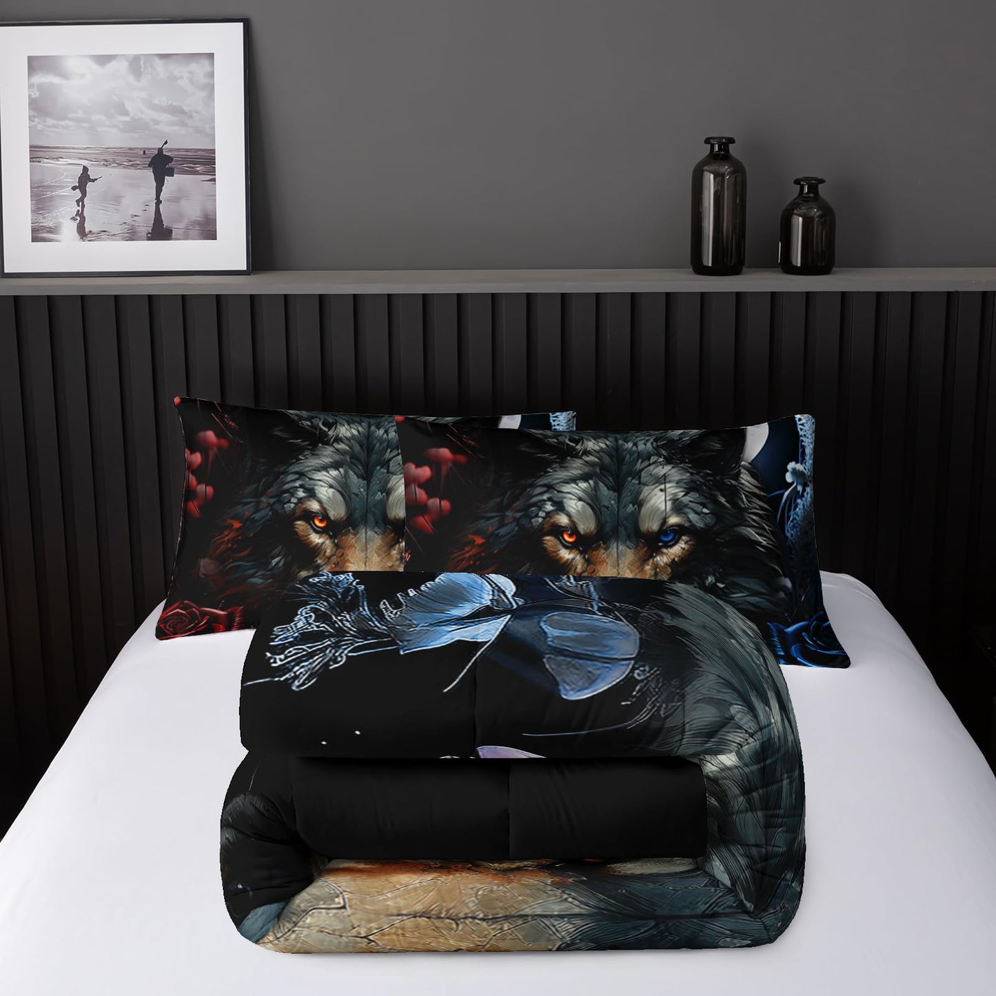 Nttopship Wolf Bedding Set Twin Size,Blue and Red Roses Comforter Set 3 Piece for Girls Boys Kids Teens,Wildlife Bed in a Bag Sets 3D Wild Animal Print Bedding Set Comforter with 2 Pillowcase