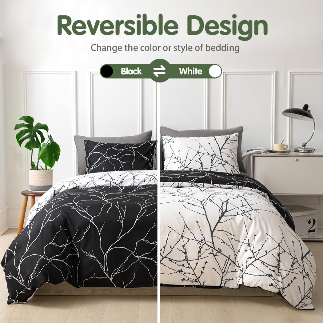 Lekesky Reversible Duvet Cover King Size, Black White Branch Comforter Cover King 3pcs Microfiber Botanical Bedding Set with Zipper Closure Corner Ties