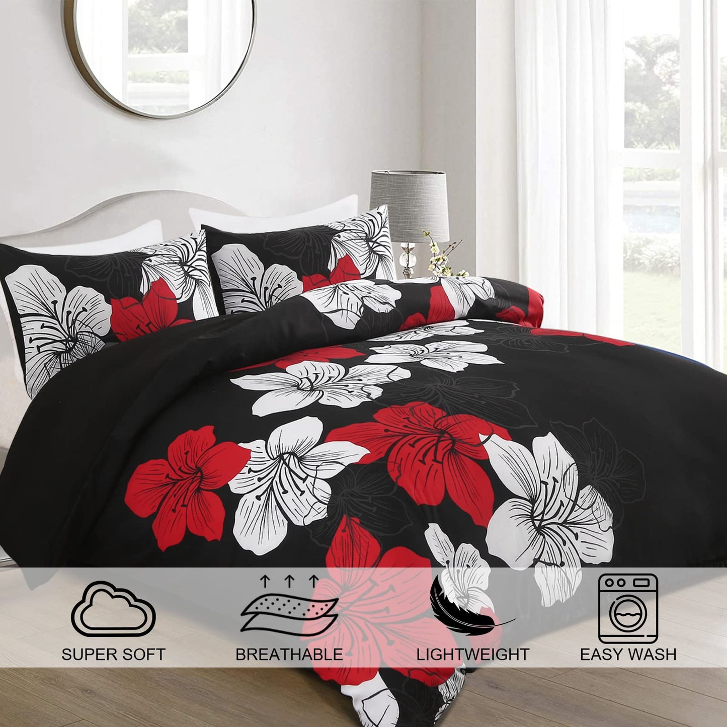 Menghomeus Black Comforter Set Queen Red and White Floral Comforter with 2 Pillowcases Modern Bedding Sets Lightweight Bed Set for All Season