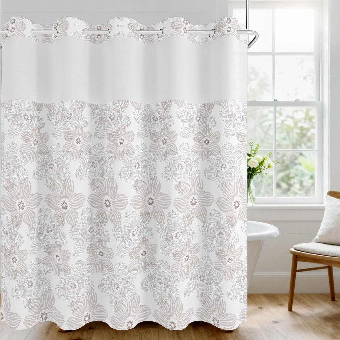 No Hook Shower Curtain with Snap in Fabric Liner Set, Waterproof & Washable, Boho Soft Tan Paisley Floral Shower Curtains for Bathroom, Elegant Neutral Modern Hotel Flower Bathroom Curtain, 71x74 inch