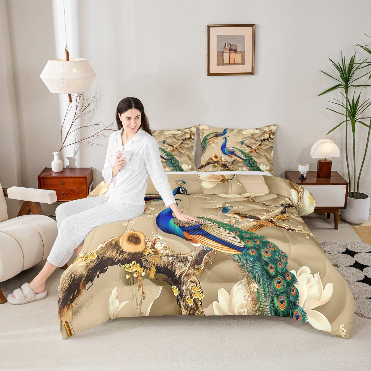 Feelyou Peacock Comforter Peacock with Floral Bedding Set for Kids Adults Girls Animals Comforter Set Botanical Quilt 1 Comforter Set with 1 Pillowcase Twin Size