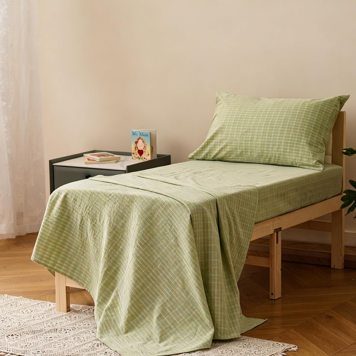 KAREVER Cotton Toddler Bedding Set Light Green Checkered 4 Pieces Grid Crib Bed Set Kids Washed Cotton Pliad Comforter Set