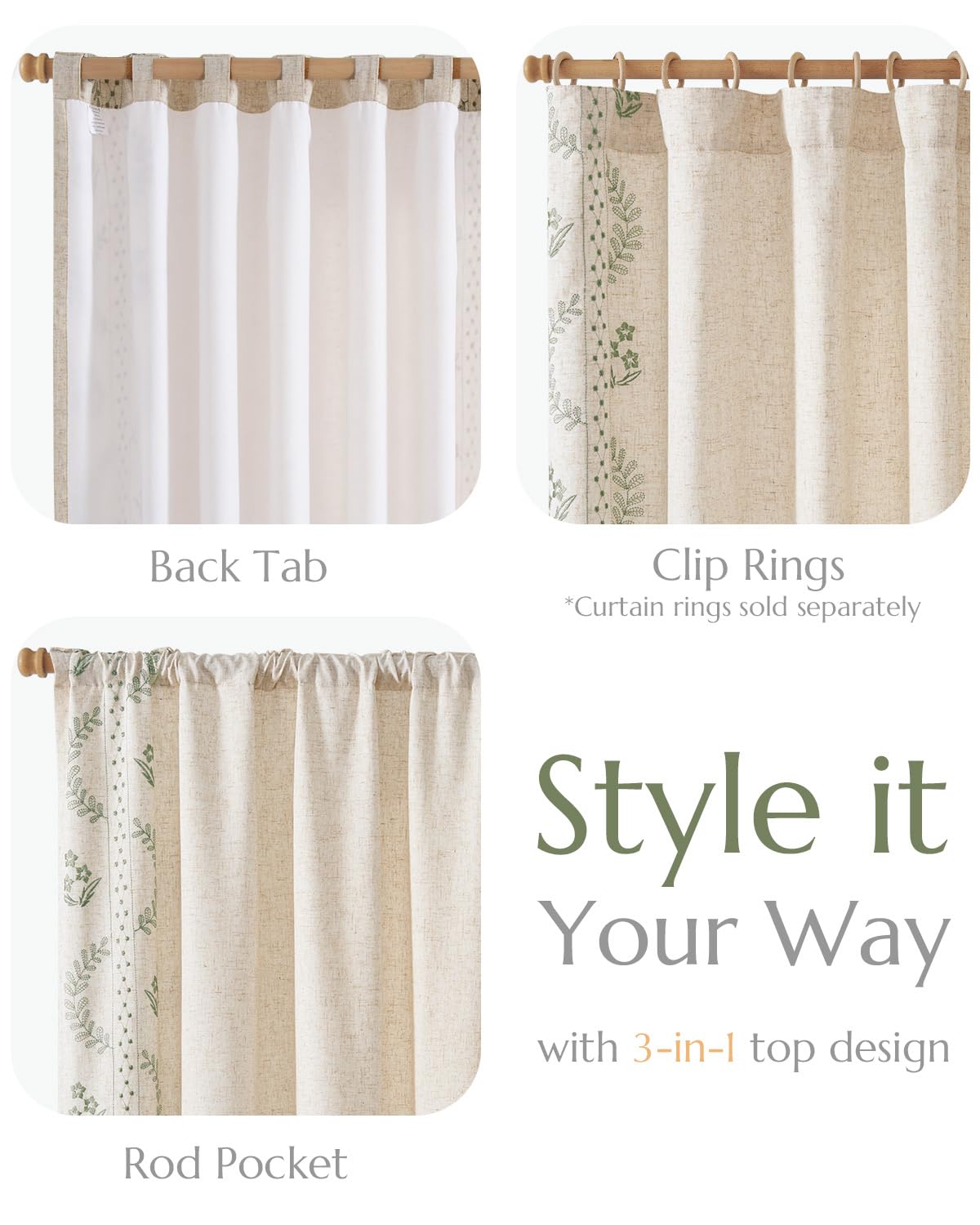 jinchan Belrose Lined Linen Blend Curtains Floral Curtains for Bedroom 96 Inch Length Sage Green Embroidered Drapes Rod Pocket Farmhouse Flower Drapes for Living Room Window Treatments Set 2 Panels