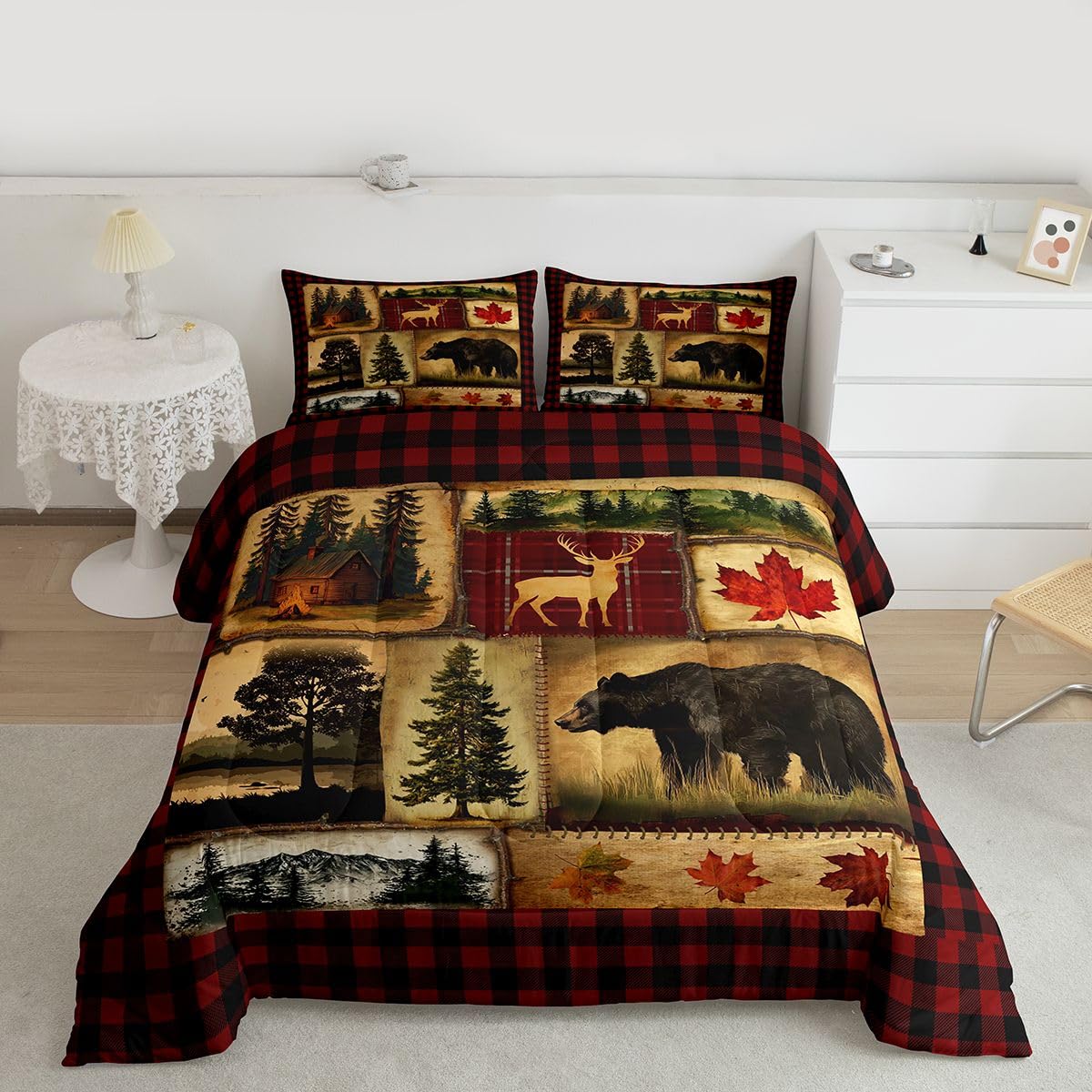Bear Cabin Plaid Comforter Set Queen, Rustic Farmhouse Bedding Comforter Sets, Retro Hunting Deer Bedding, Country Woodland Pine Tree Duvet Set, Maple Leaf Lodge Decor Down Comforter, Red Black Brown