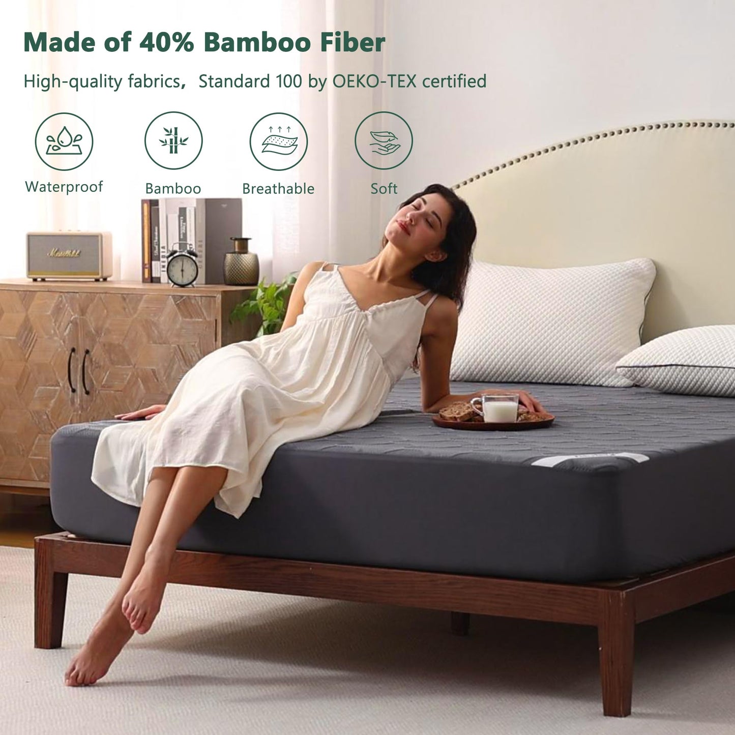 Queen Size Waterproof Mattress Protector, 40% Rayon Derived from Bamboo Grey Mattress Pad Cover, 3D Air Fabric Breathable Mattress Pad Fitted with Deep Pocket 6"- 15" Machine Washable
