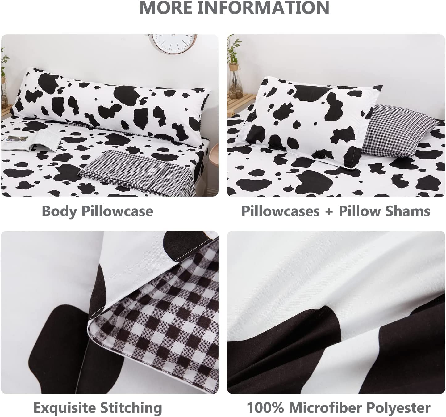 SUCSES Cow Print Full Size Comforter Sets, 8 Pieces Bed in A Bag Comforter Set with Sheets, Black and White Bedding Set for Kids Teens Boys Girls, Animal Print Cute Kid Full Size Bedding