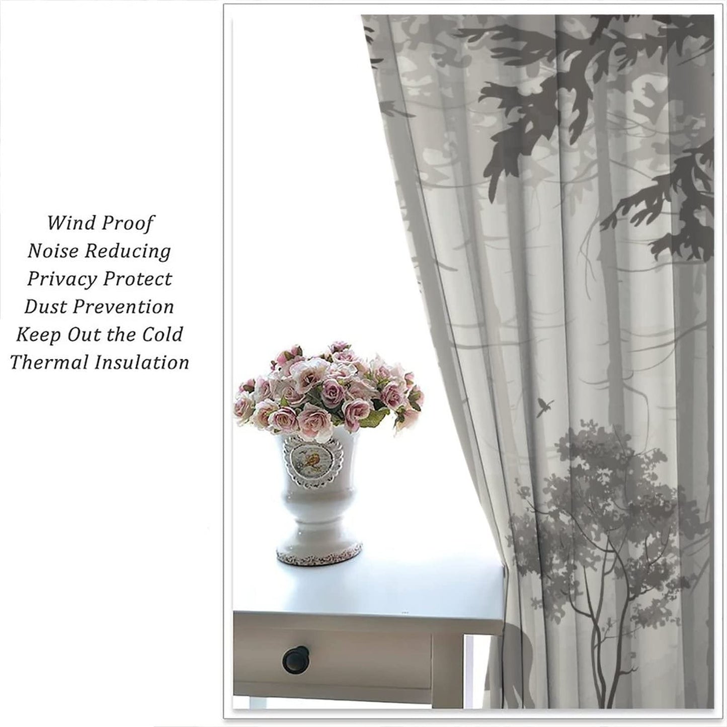 Deer Blackout Curtain,Grey Misty Forest Rustic Wildlife Moose Mountain Elk Pine Forest Silhouette Window Curtains for Living Room Office Decor Window Drapes,2 Panels W42 xL45