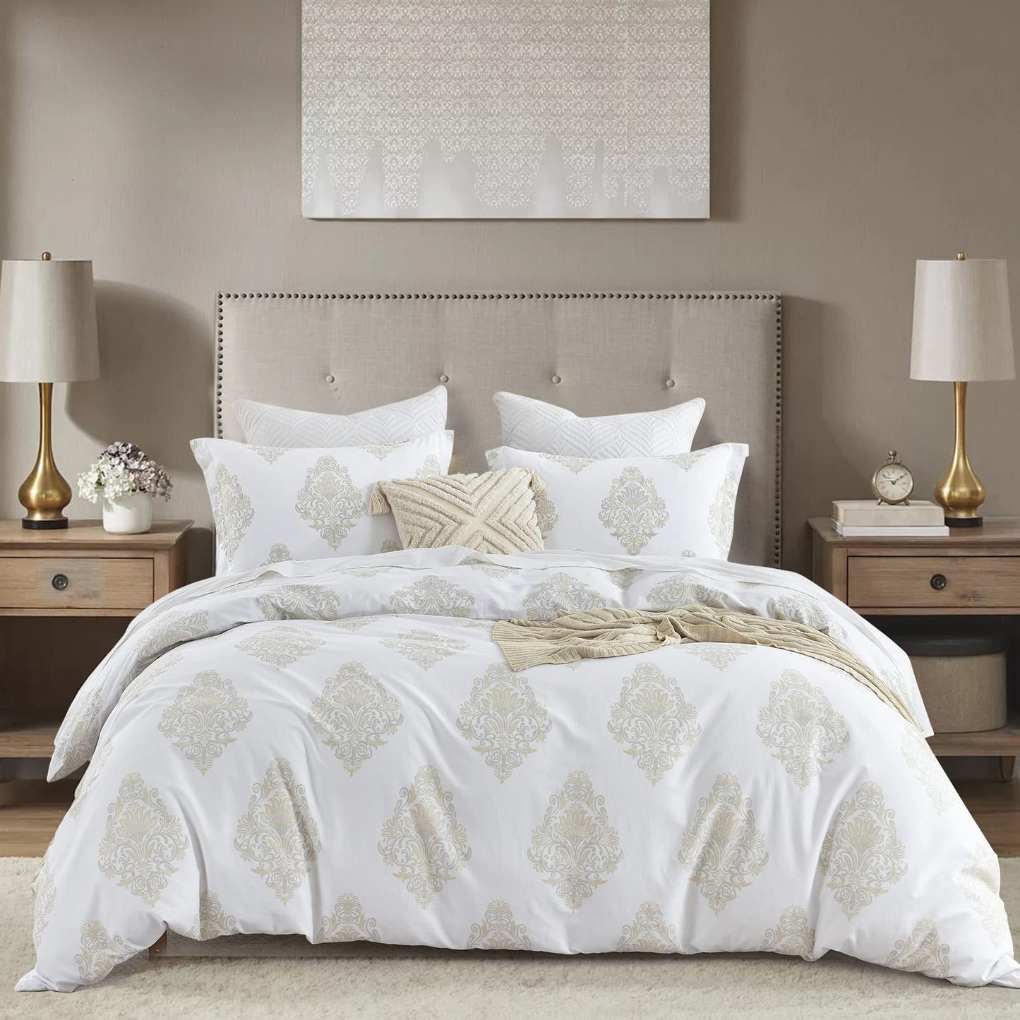 VOOVY Damask Duvet Cover King - 100% Cotton Duvet Cover Set, 3 Pieces Medallion Bedding Duvet Covers with Zipper Closure & 8 Corner Ties for All Season, 104"x90", No Comforter