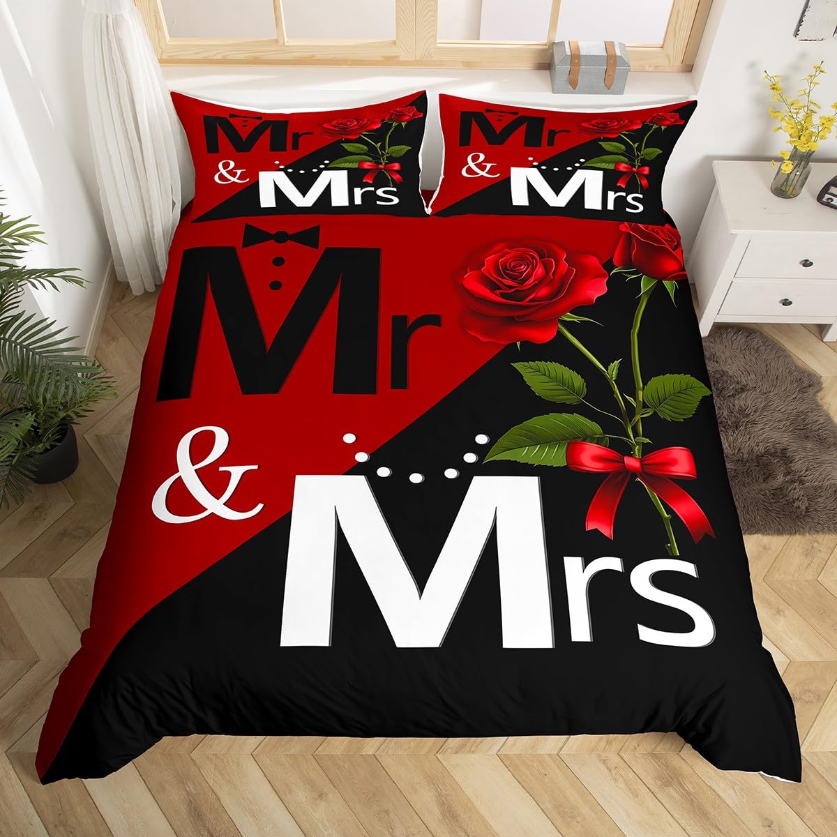Mr Mrs Duvet Cover Set Queen Size, Love Man Women Romance Bedding Set 3pcs for Lover Couple Valentine Day, Red Rose Flower Print Comforter Cover Black Red Quilt Cover with 2 Pillowcases,No Comforter