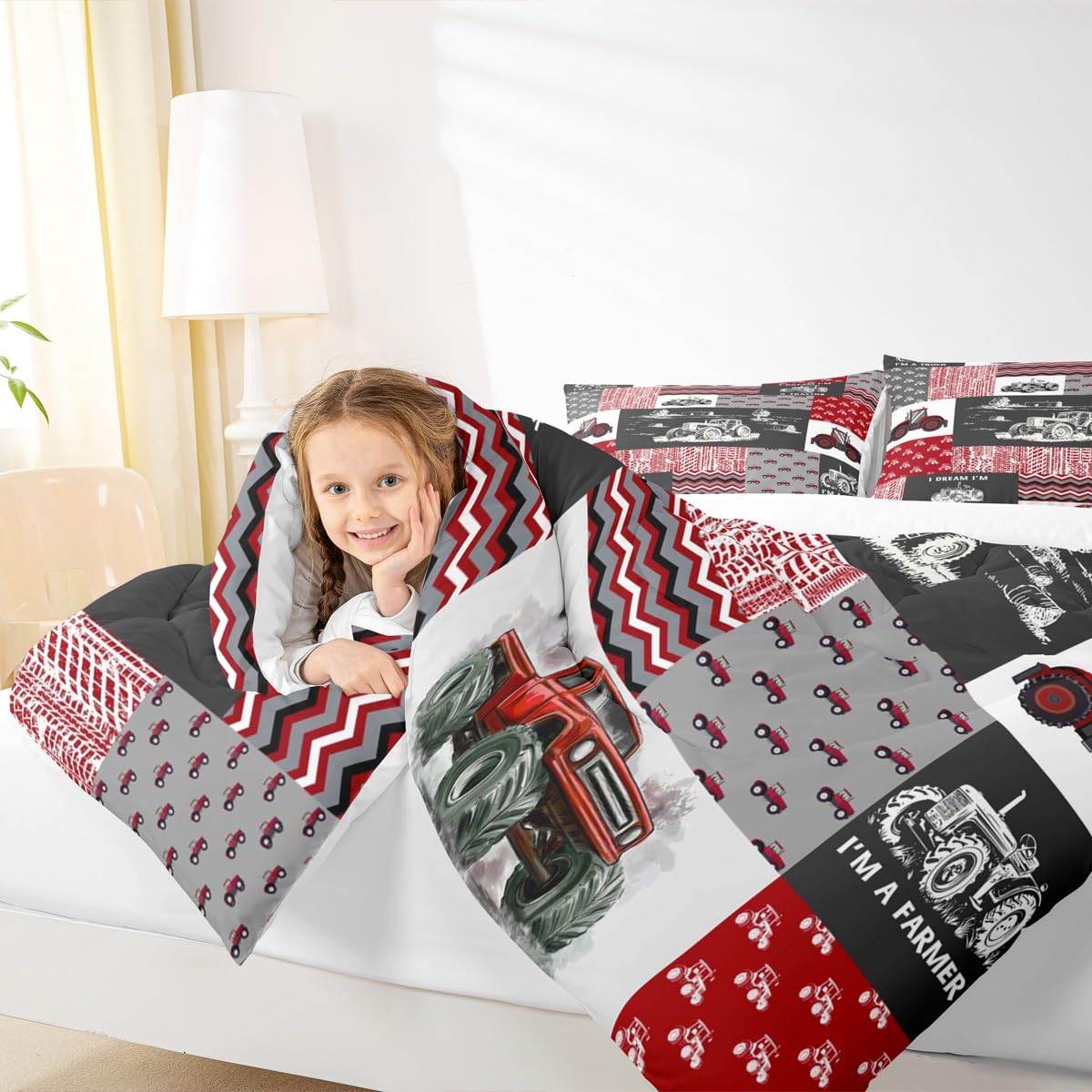 Erosebridal Red Tractor Bedding Set for Boys King,Construction Tractor Comforter Set Kids Teens Equipment Trucks Down Comforter Black White Construction Vehicle Quilt Set Bedroom Decor
