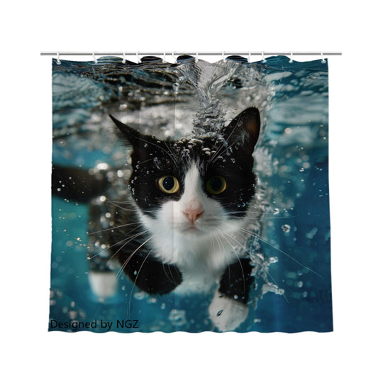 NGZ Swimming Animal Shower Curtain, Underwater Tuxedo_Cat, Sports Theme, Fun Pet Lover Bathroom Curtain, 72x72 Inch Bath Decor with 12 Hooks