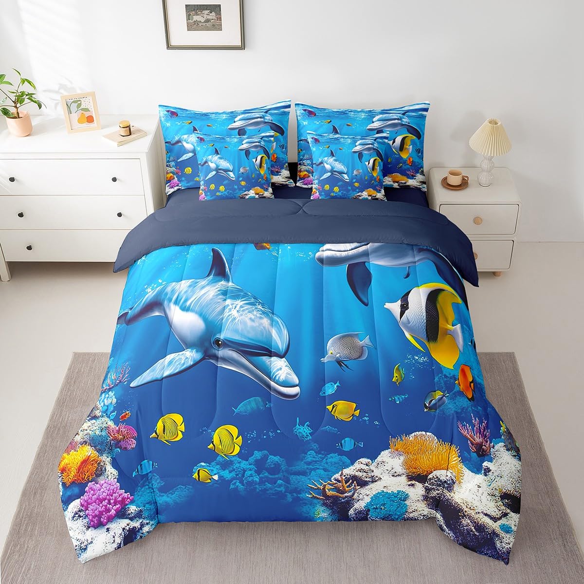 Erosebridal Blue Ocean Comforter Set 7 Piece Bed in a Bag Twin,Dolphin Bedding Sets 3D Fish Coastal Sheet Set with Comforter,Nautical Sea Animal Bed Set