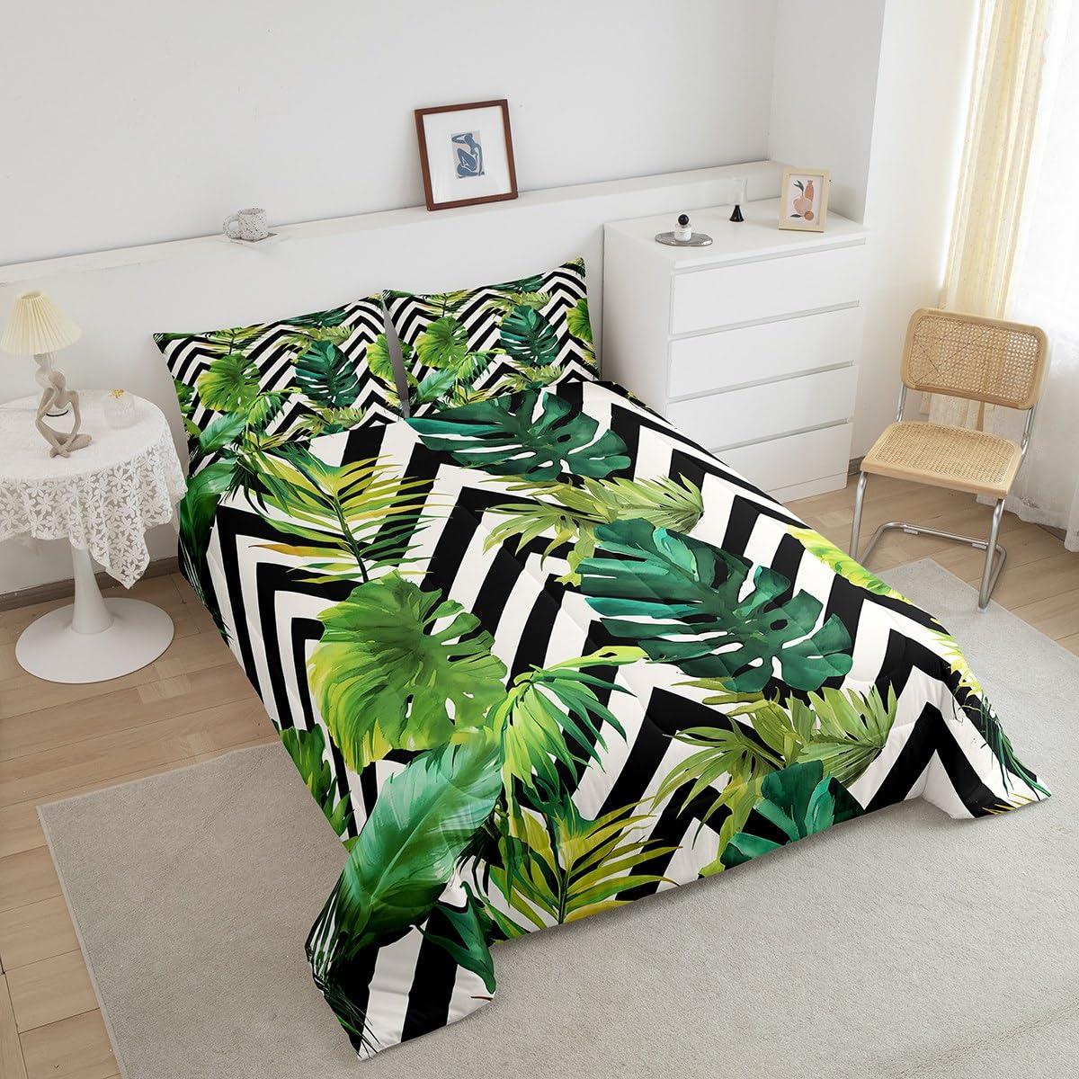 jejeloiu Tropical Leaves Bedding Set Full Size Kids Black White Striped Comforter for Boys Girls Leaf Pattern Comforter Set Botanical Duvet Set Room Decorations Quilt Set