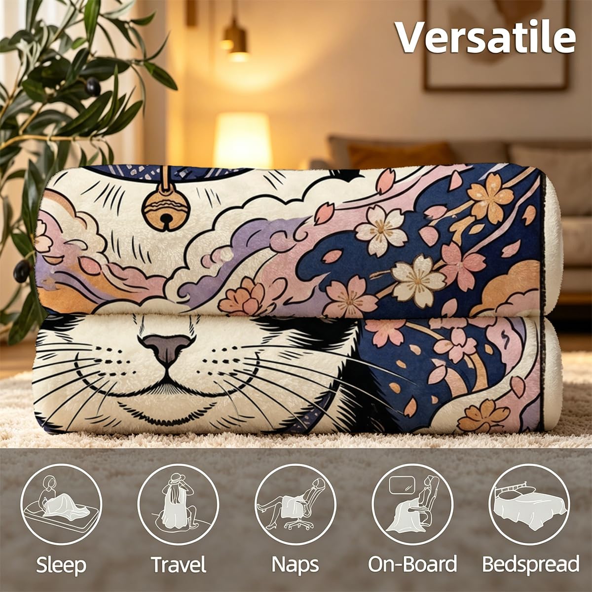 Yujiiso Japanese Ukiyo-E Tuxedo Cat Blanket Soft Throw Blanket 50" x 60"