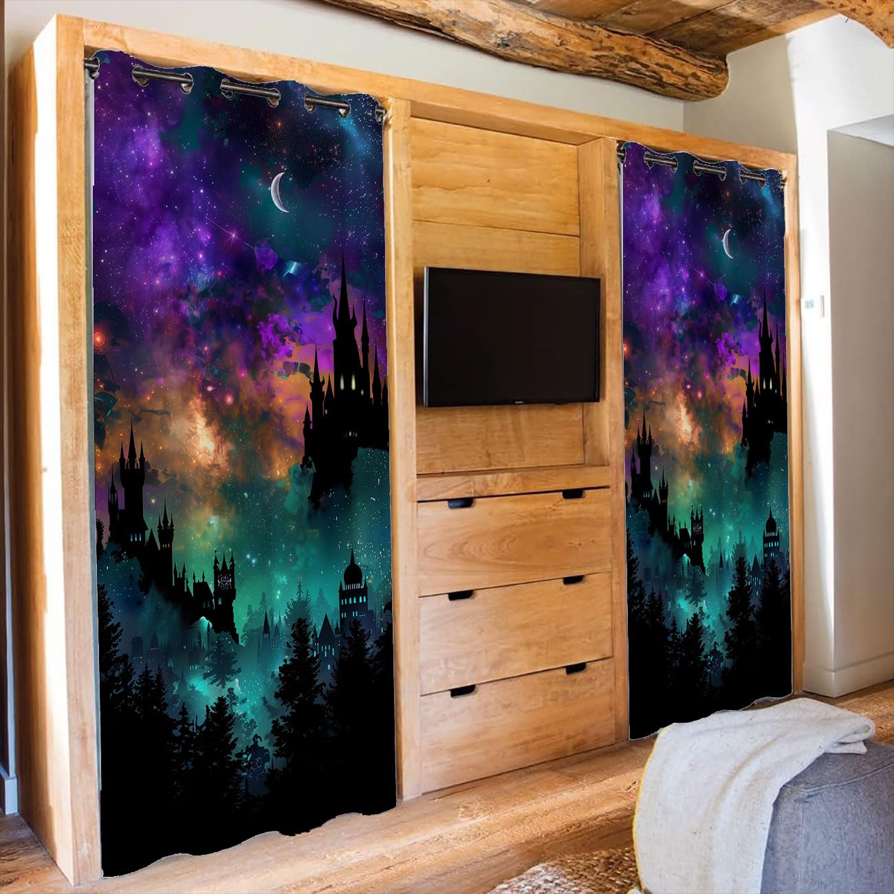 Chaohuan Starry Night Sky Doorway Curtain, Fantasy Castles Magic Enchanted Forest Closet Door Cover Curtain for Kids Boys Girls Teens Bedroom Living Room 1 Panel 34" W X 80" L