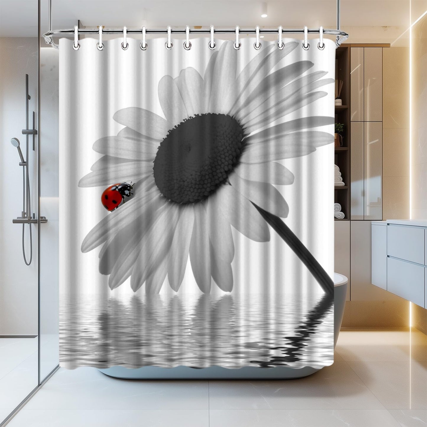 LeAquaNook Sunflower Shower Curtain Black and White Flower with Red Ladybug Design Print Home Decor Waterproof Polyester Fabric 72 x 72 inches Set with Hooks