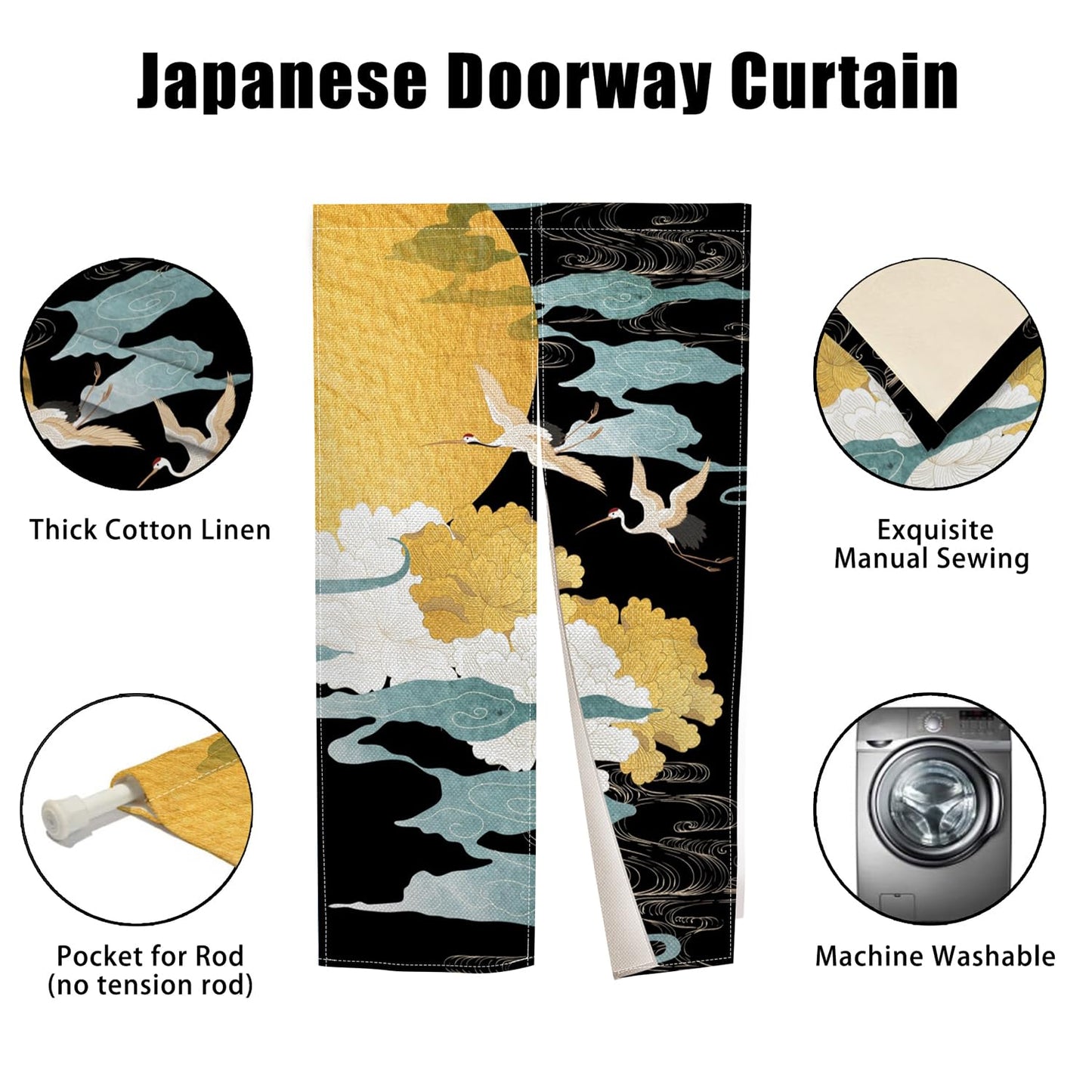 XMJJKUF Japanese Noren Doorway Curtain Japanese Style Cranes Moon Printed Window Treatment Single-Side Door Curtain Tapestry Panel for Room Privacy Partition Divider Home Decoration, 33.5"x 70.9"