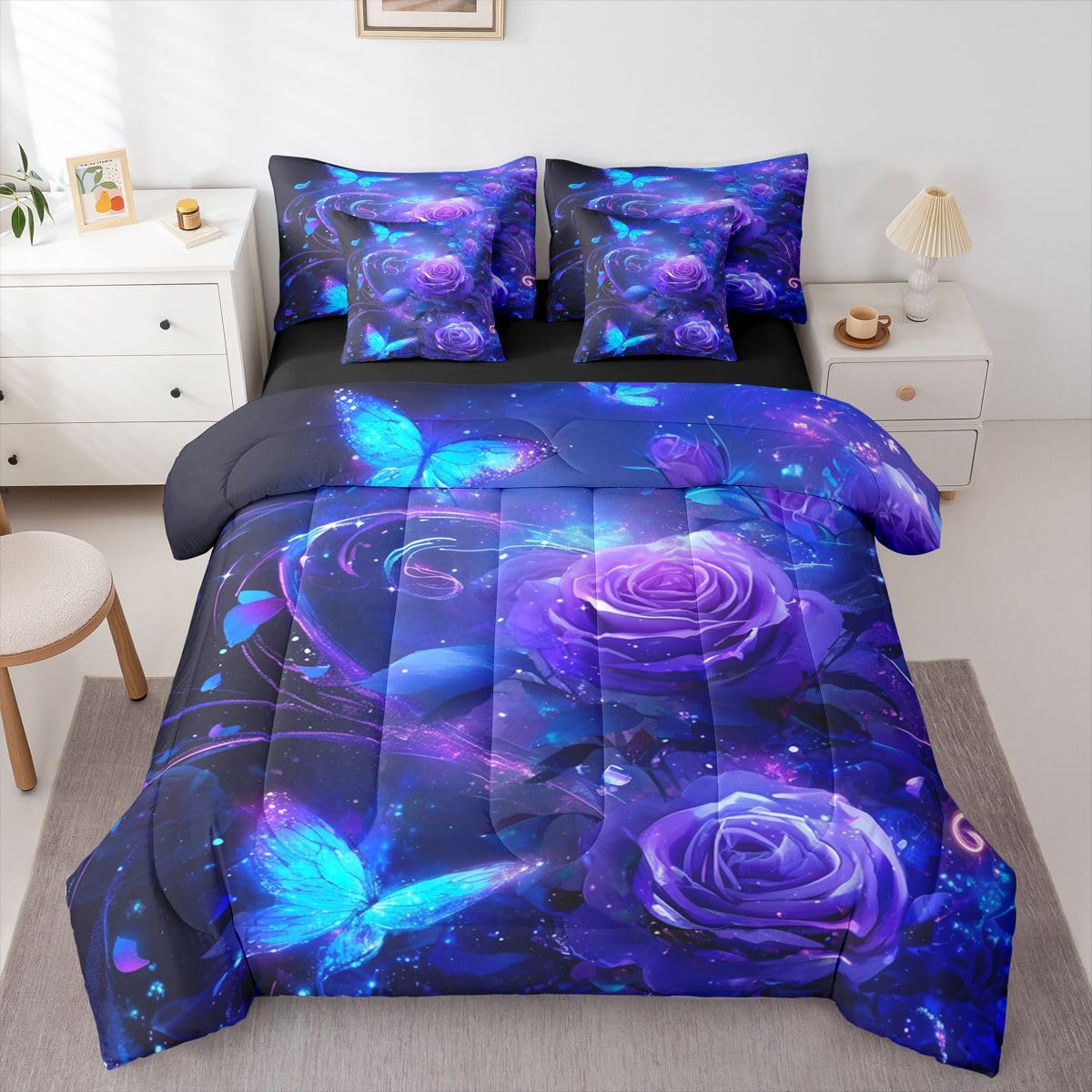 Erosebridal Butterfly 7 Piece Bedding Set Queen Rose Comforter Set with Sheets Flying Butterflies Dreamy Roses Bed in a Bag Magic Purple Flowers Petal for Kids Boys Girls
