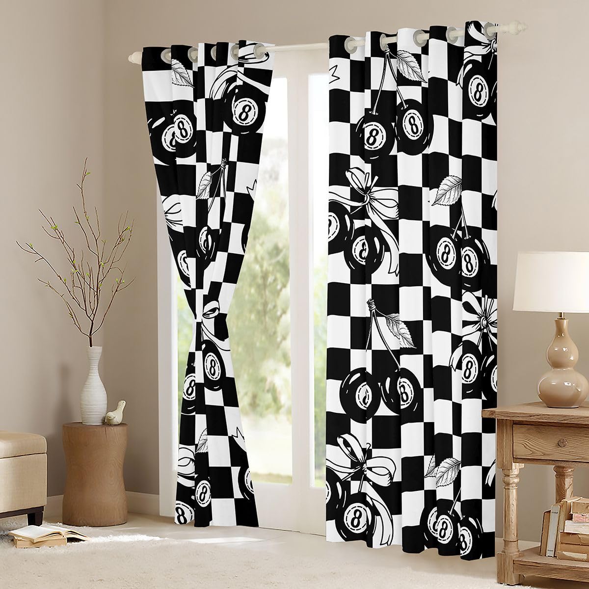 Erosebridal Black and White Checkered Blackout Curtains for Bedroom Y2K Lucky 8 Ball Window Curtains 2 Panels 42" Wx63 L Fashion Coquette Cherry Bow Drapes,Trendy Aesthetic Preppy Window Treatments
