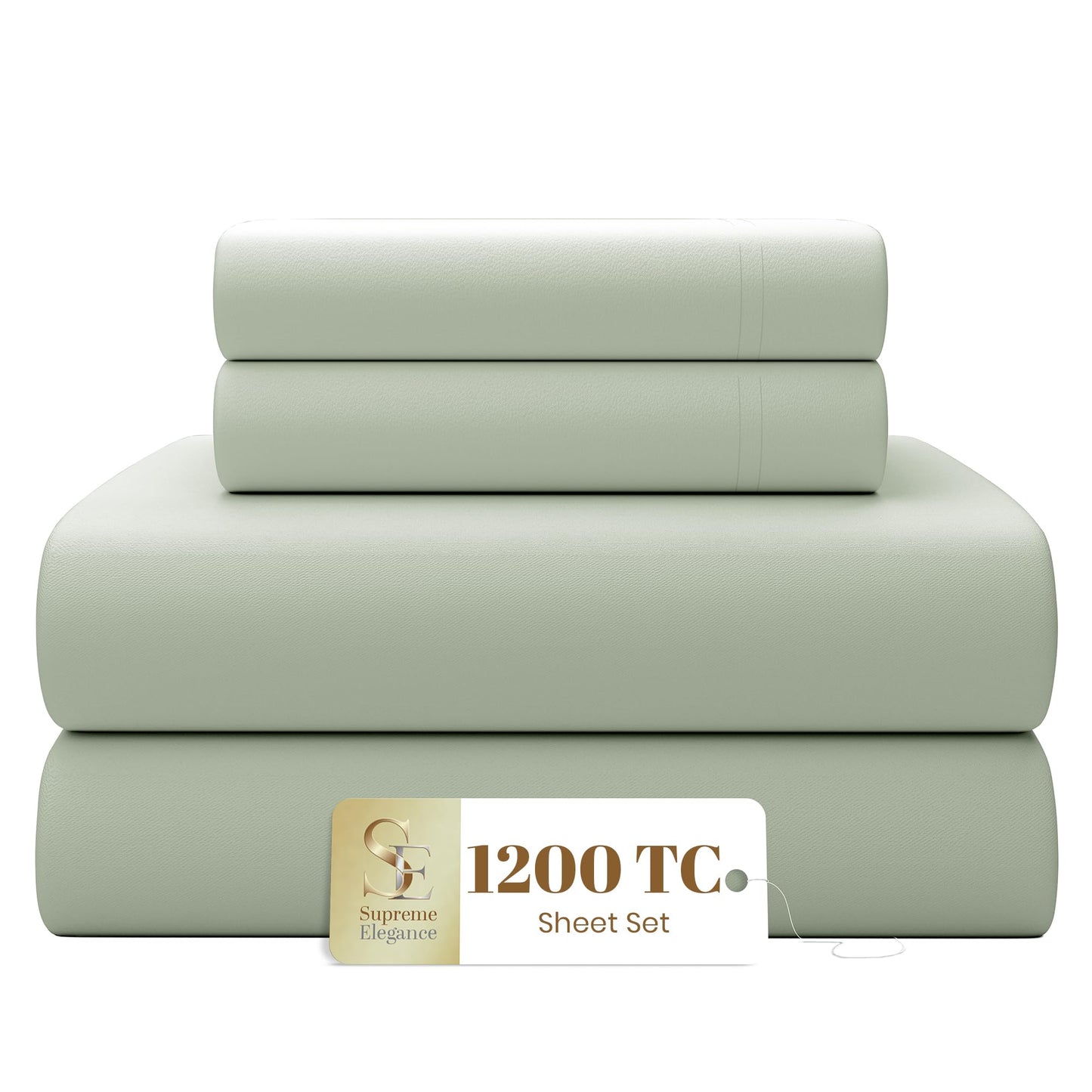 Supreme Elegance 1200 Thread Count King Size Bed Sheets Set, Pastel Green, 4 Pieces Cotton Rich Sateen Sheets Set, Soft, Durable & Wrinkle Resistant, Luxury Hotel Bedding, 16" Deep Pocket Fitted Sheet