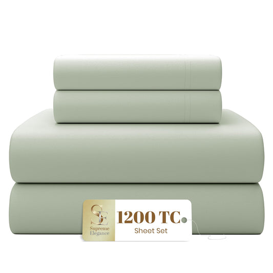 Supreme Elegance 1200 Thread Count King Size Bed Sheets Set, Pastel Green, 4 Pieces Cotton Rich Sateen Sheets Set, Soft, Durable & Wrinkle Resistant, Luxury Hotel Bedding, 16" Deep Pocket Fitted Sheet