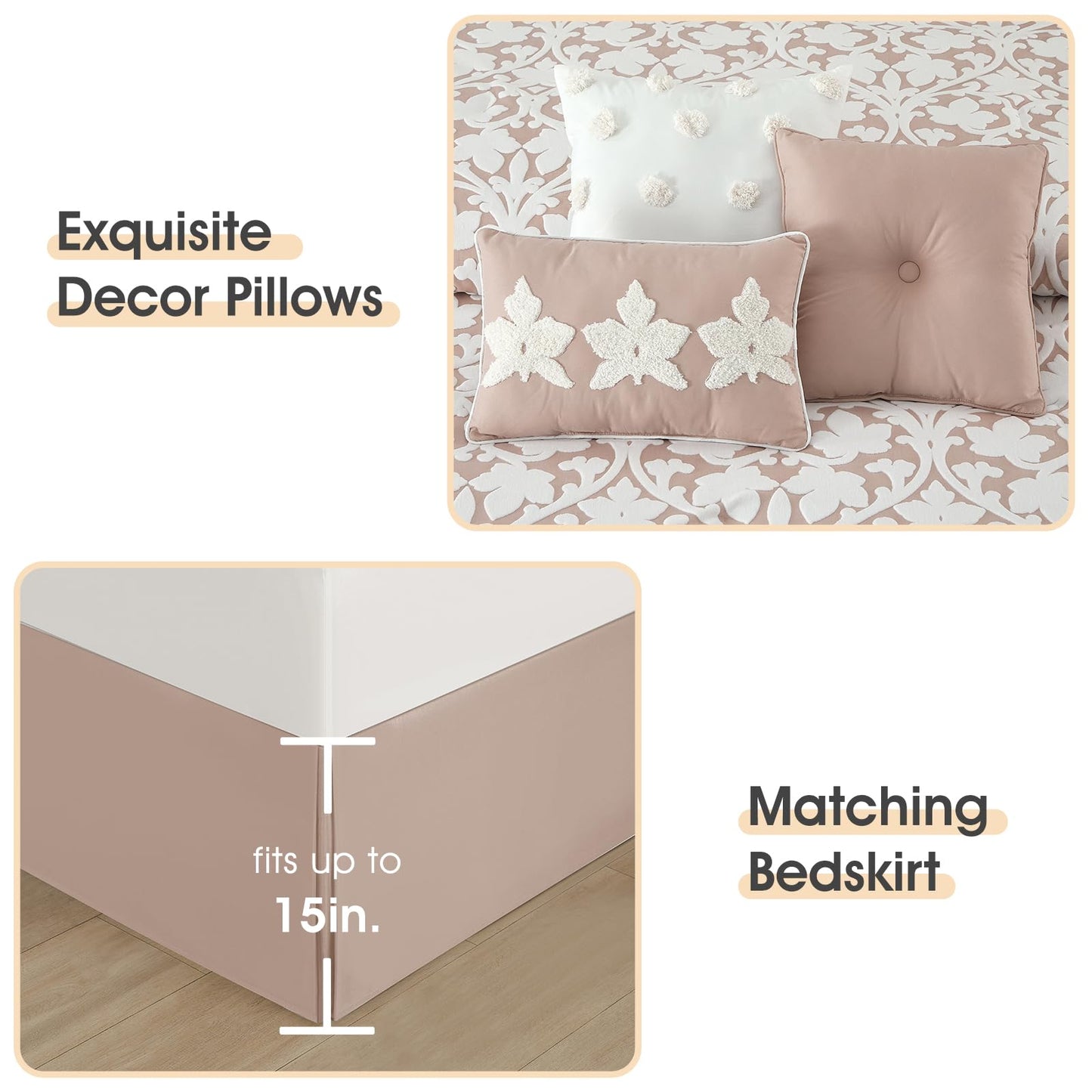 LANCO MODERN LIFESTYLE 7 Pieces Comforter Set, King, Blush, Jacquard Floral Pattern and Classy Damask Medallion Design, Ultra Soft, Includes Bed Skirt, Shams, and Decorative Pillows