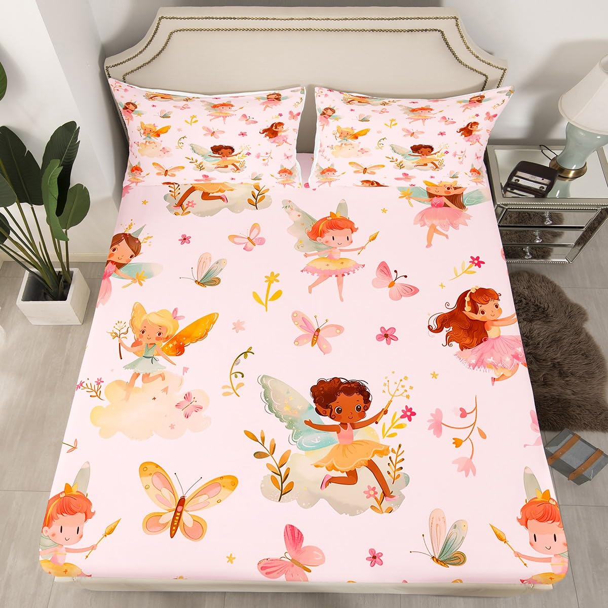 Erosebridal Pink Fairy Twin Fitted Sheet - Butterfly Floral Cute Bedding Set for Girls Kids, Fairies Garden Flowers Bottom Sheets Only | Aesthetic Flower Princess Bed Set 2 Piece Bedroom Decor