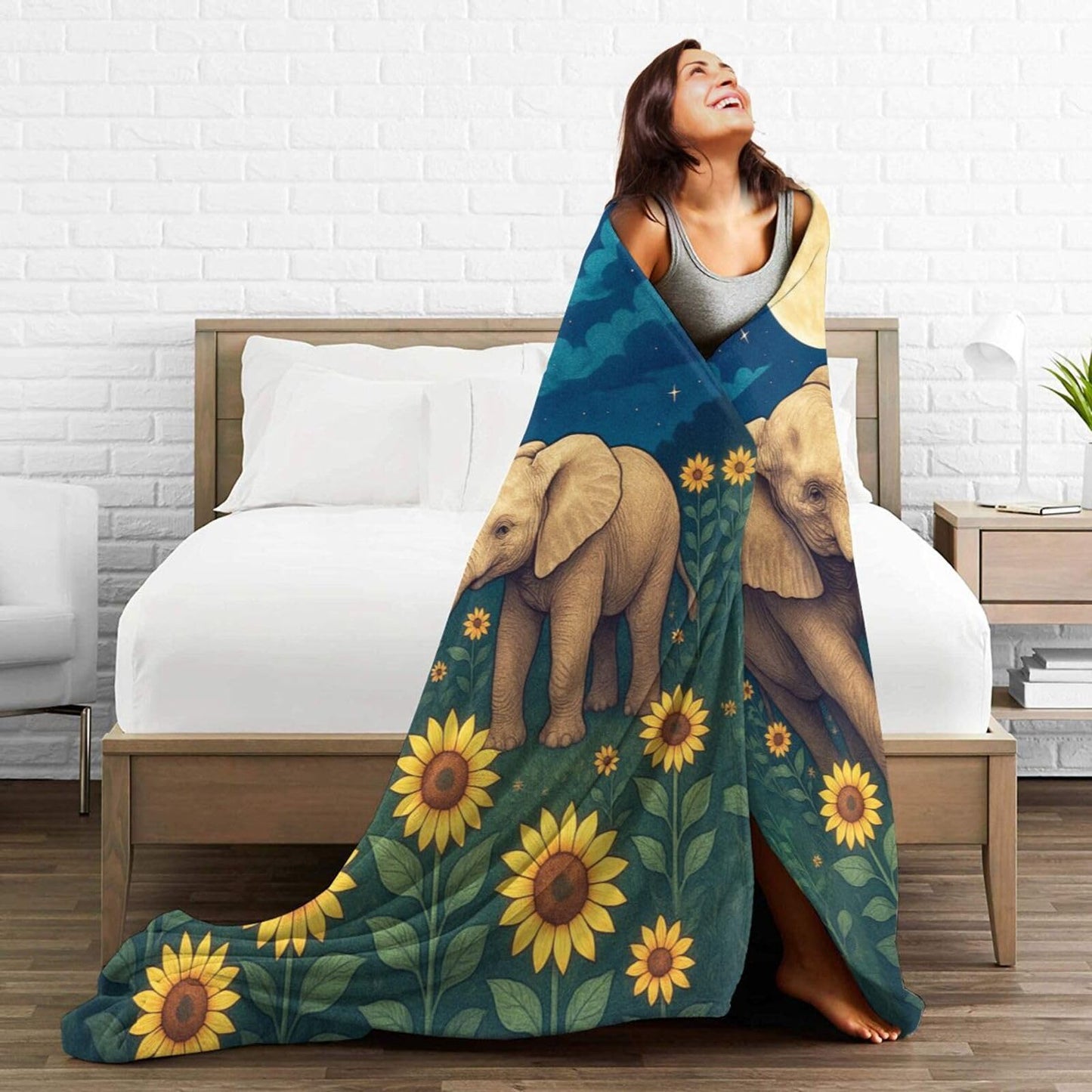 Elephant Blanket Cute Elephant Sunflower Throw Blanket Soft Warm Cozy Fleece Fuzzy Plush Stuff Animal Bedding Toddler Nursery Baby Blankets Gifts for Boys Girls Kids Adult Men Women 40"X50"