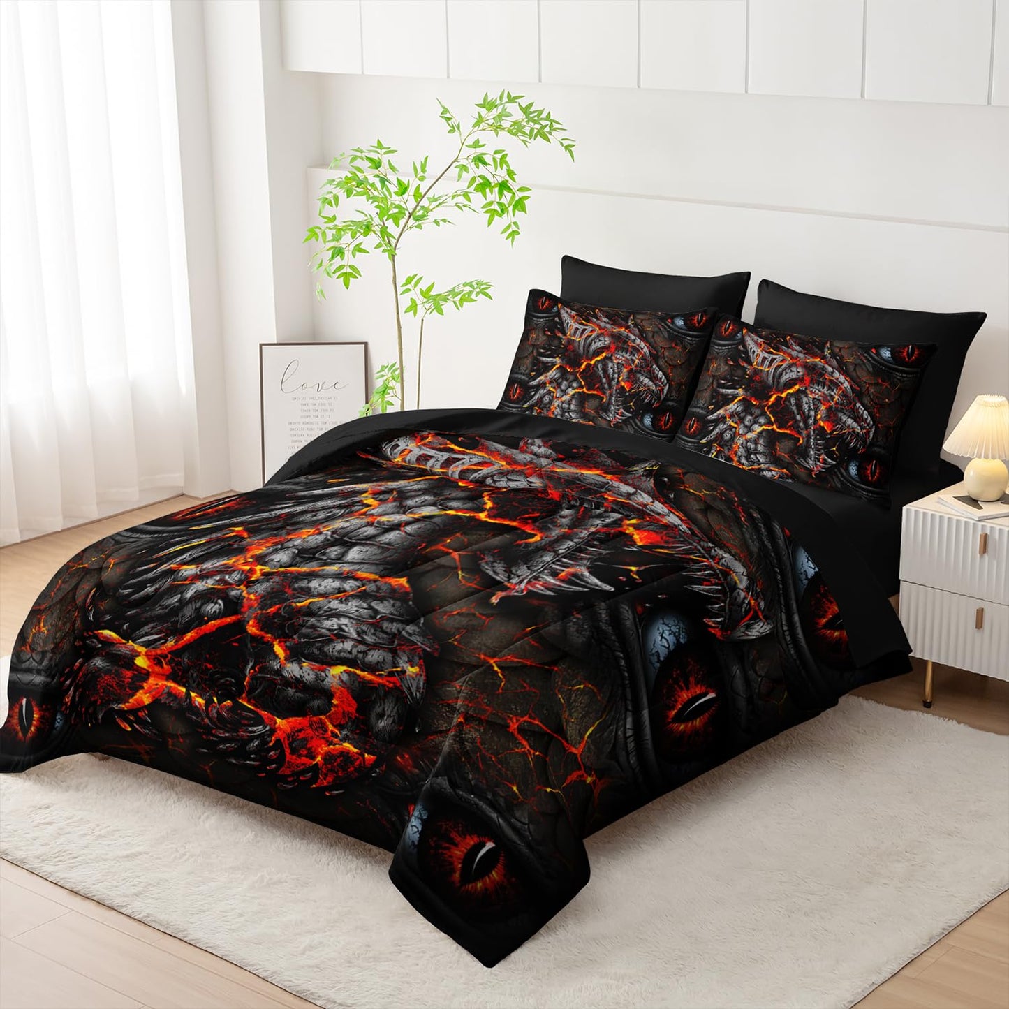 AILONEN Burning Ash Dragon Comforter Set,7-Piece Eye of The Dragon Bed in a Bag for Teen Boys Twin Size,Boho Style Comforter & Fitted Sheet with Flat Sheet & 2 Pillowcases,2 Pillow Cases
