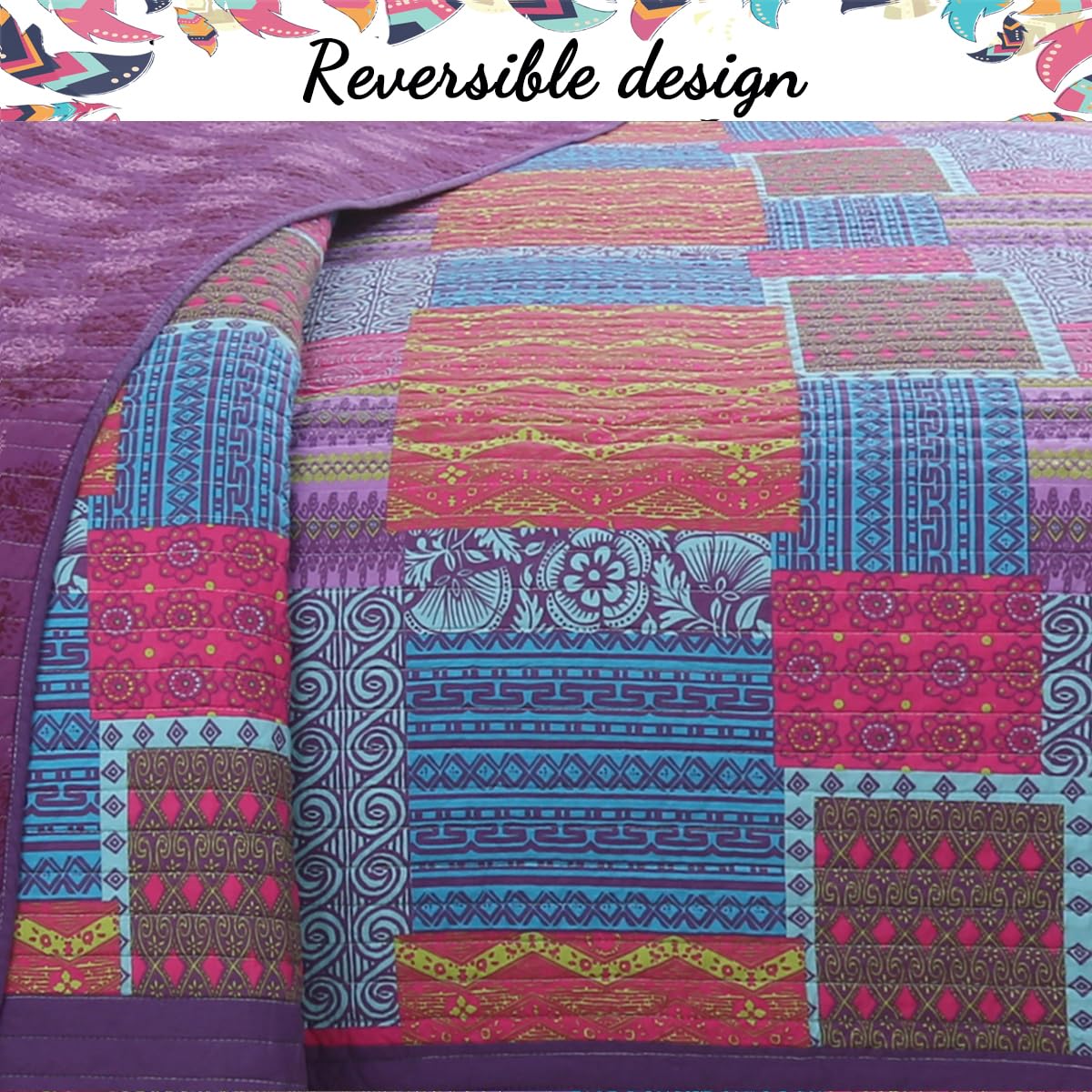 Cozy Line Home Fashions 100% Cotton Artsy Bohemian Purple Blueberry Fuchsia Patchwork Reversible Quilt Bedding Set, Coverlet Bedspread for All Seasons (Boho Chic, King - 3 Piece)