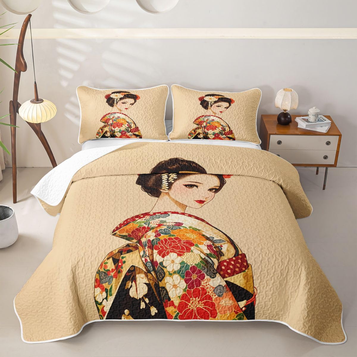 Erosebridal Japan Geisha Quilt Twin Size - Japanese Girl Bedspread Traditional Japanese Bed Coverlet with 1 Pillowcase