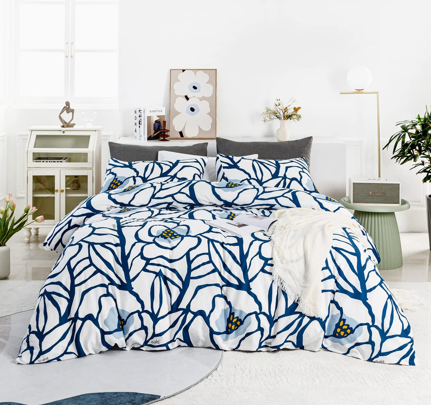 YuHeGuoJi White Blue Botanical Duvet Cover King 100% Cotton 3 Pcs Set 1 Neutral Cartoon Abstract Floral Duvet Cover with Zipper Ties 2 Pillowcases Modern Cute Graffiti Flower Bedding Set Soft