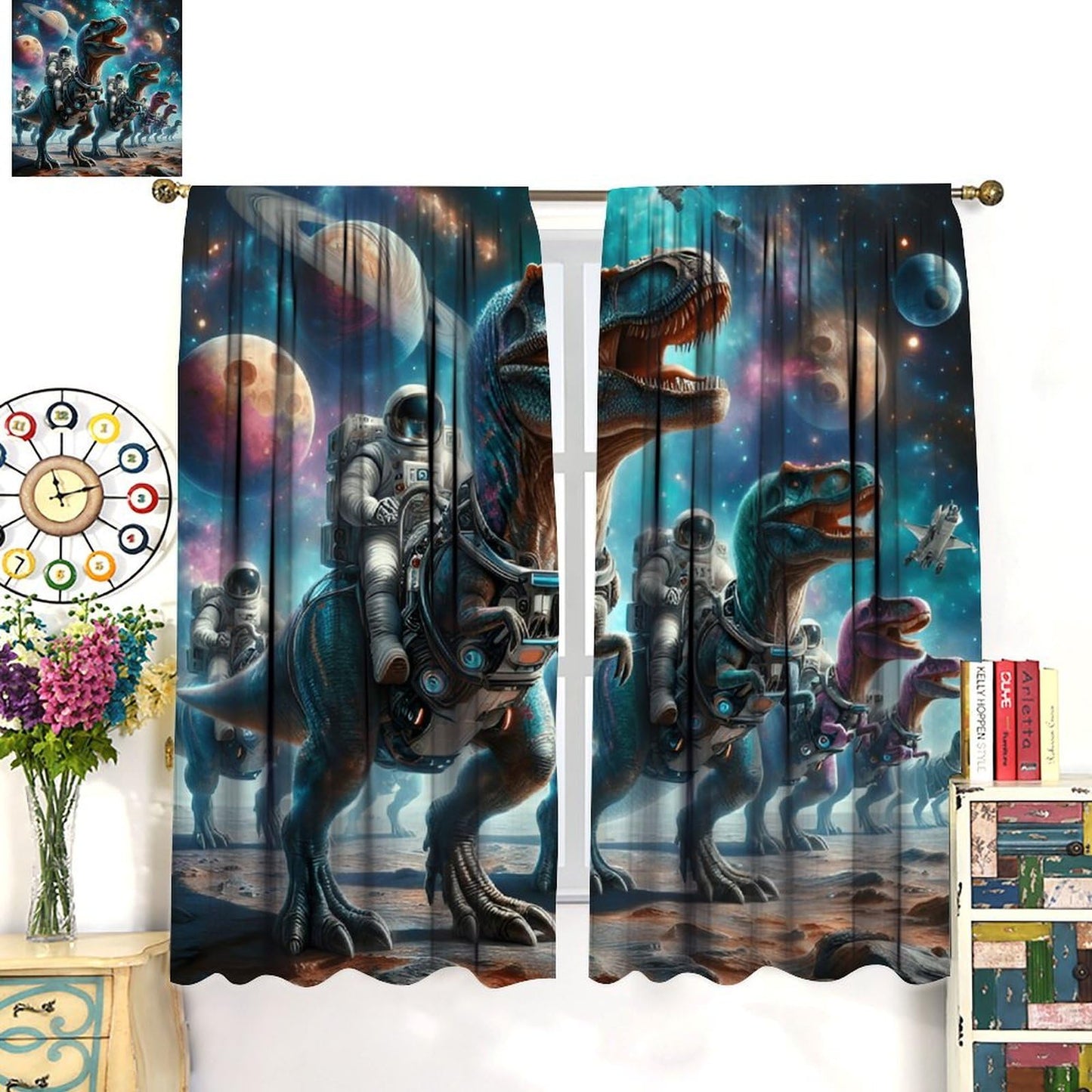 LOMADIA Dinosaur Kids Curtains, Starry Sky Astronaut Blackout Curtain, Star Dino Pattern Window Treatments Drapes for Nursery Boys Girl Bedroom Children Room Decor 21" W x 45" L (Pack of 2)