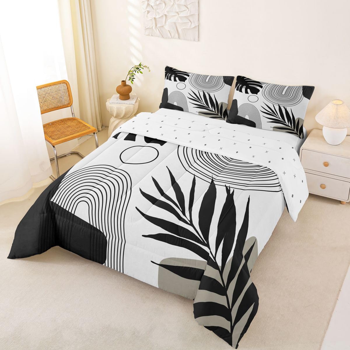 Erosebridal Boho Black White Twin Bedding Set, Mid Century Abstract Tropical Palm Leaf Comforter Set, Modern Minimalist Plant Botanical Comforter, Bohemian Geometric Art Lines Chic Duvet Insert