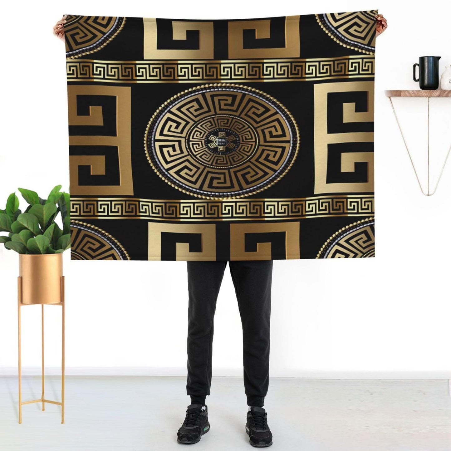 Retro Black Gold Greek Key Meander Luxury Blanket Throw Bedding Room Decor Flannel Blankets for Bedroom Living Rooms Warm All Season 50"X40"