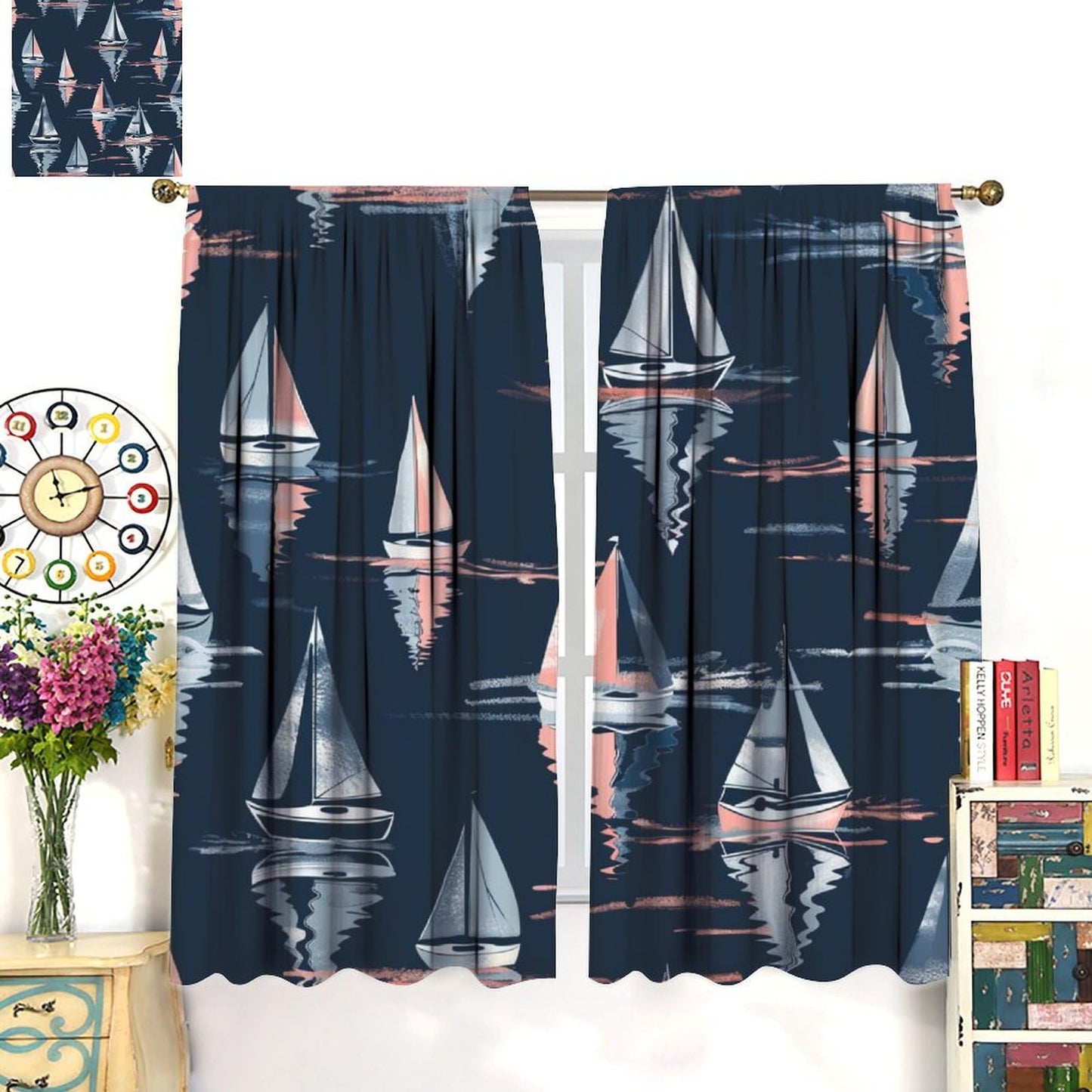 TOWINSFB Nautical Sailboat Blackout Curtains for Bedroom Living Room, Playful Ship Cartoon Illustration Thermal Insulated Room Darkening Curtain - 42" W x 45" L