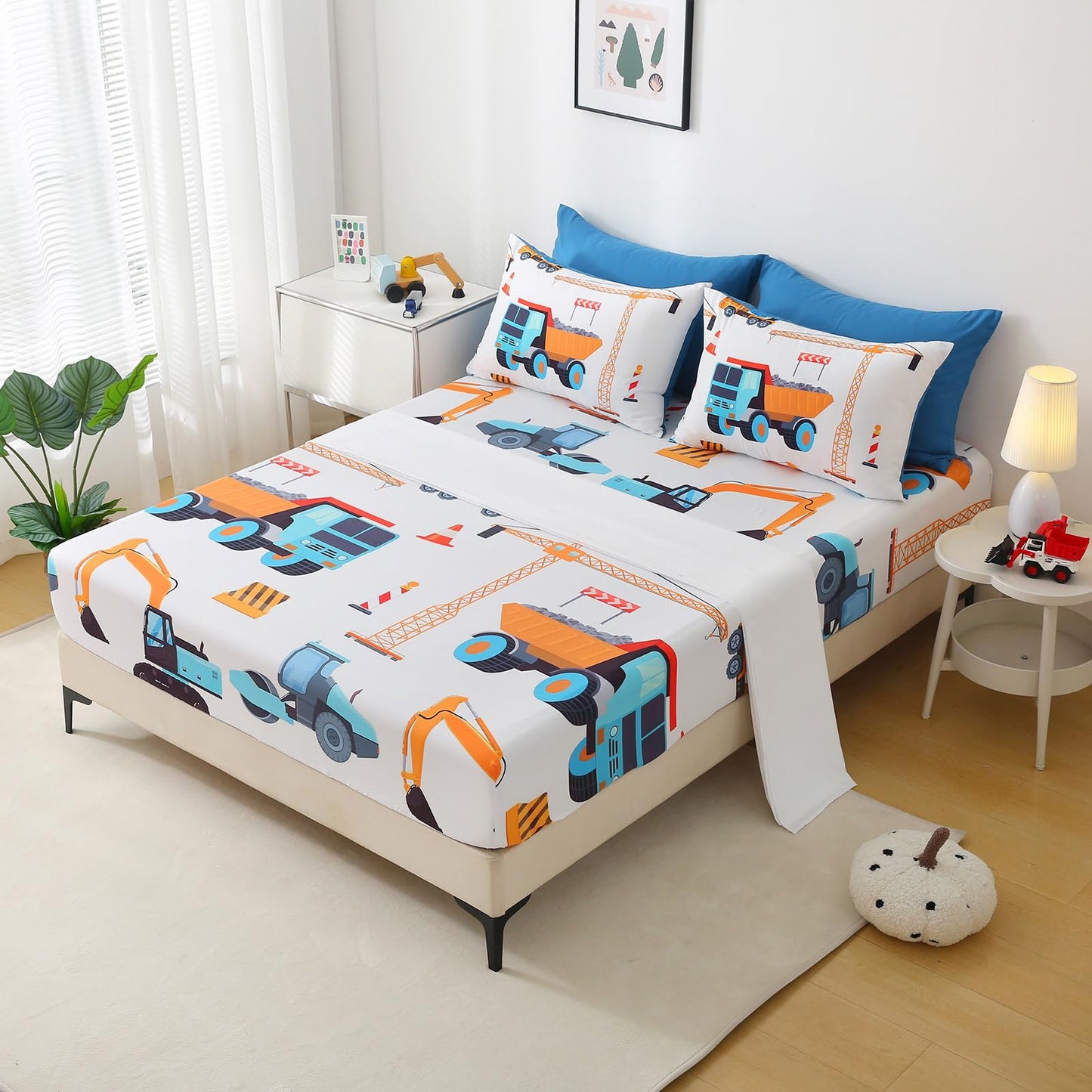 Jameswish 7 Pieces Boys Comforter Set Full Size Excavator Bedding Set Cartoon Car Kids Bed in a Bag Construction Truck Bedding for Children Kids Boys Teens for Birthday Choice