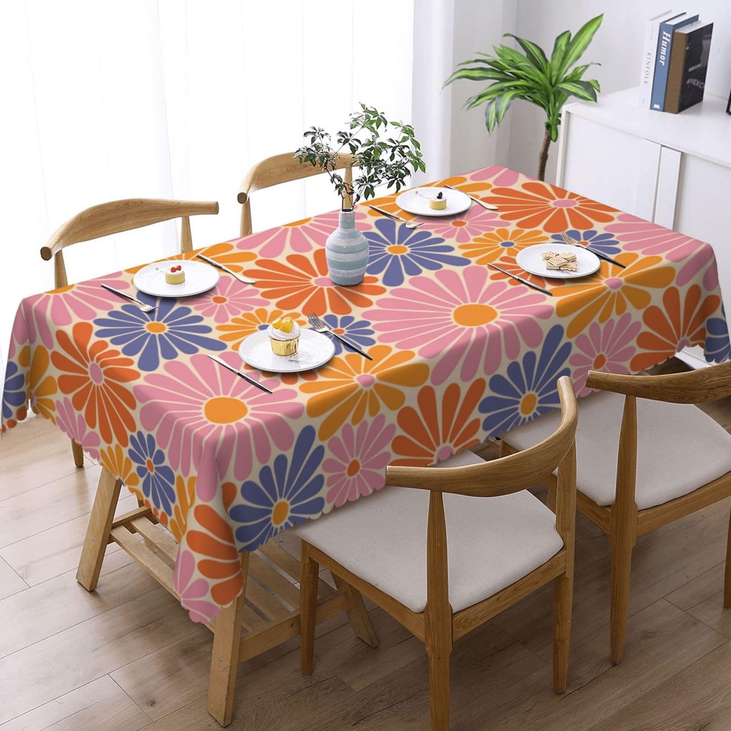 ZYPHORIEL Daisy Flowers Rectangle Tablecloths Retro Orange Pink Blue Flower Table Cloths Decorative Kitchen Dining Tablecloth for Rectangular Tables,Washable Table Cover for Party 54 x 72 Inch