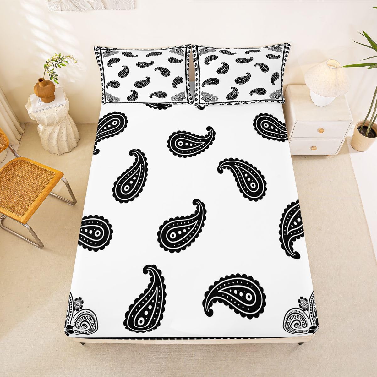 Erosebridal Paisley Floral Bed Sheets Set Full Mandala Exotic Chic Flower Sheet Set Retro Boho Sheets Black White Flat Fitted Sheet