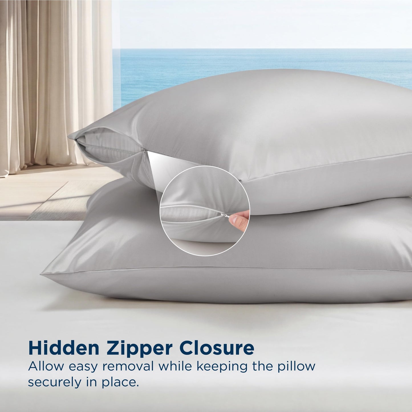 Bedsure Cooling Pillowcase for Hot Sleepers, Silk Like Pillow Case Queen Size Set of 2, Reduce Wrinkles & Frizz-Free Hair, Infused with HA & Ceramides for Skin, Hidden Zipper, Queen, Grey