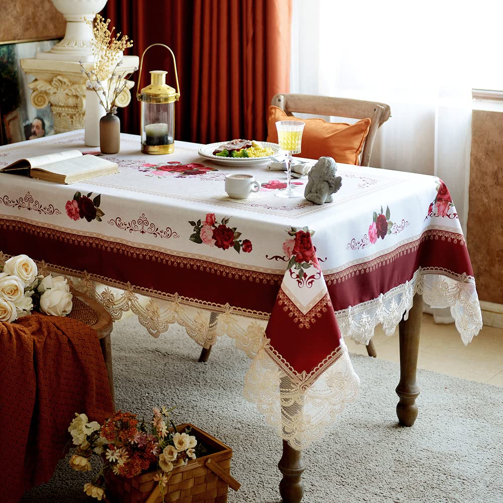 SUTAVIA Lace Embroidered Table Cloth,Rectangular Farmhouse TableCover,Classic Oblong Antique Flower Decor Macrame Tablecloth (Burgundy, Rectangle/Oblong, 52 x 70 Inch,4-6 Seats)