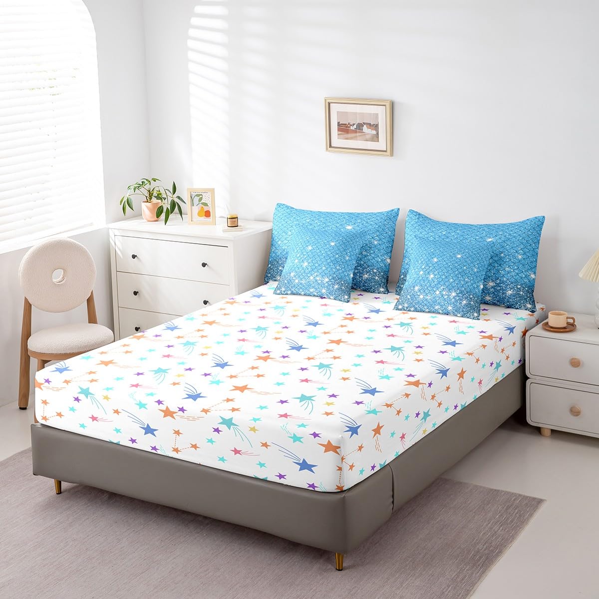 jejeloiu Blue Mermaid Scales Comforter Set with Sheets Queen Size Kids Glitter Fish Scales 7 Pieces Bedding Set for Boys Girls Teens Ocean Marine Themed Bed in a Bag Breathable Bedroom Decor